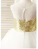 Sheer Neckline Light Gold Sequin Ruffle Tulle Tea Length Flower Girl Dress